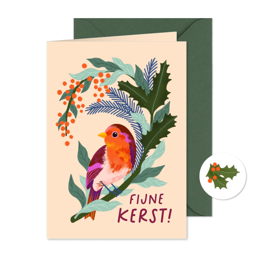 Kerstkaart met roodborstje op kersttak - Kaartimpressie
