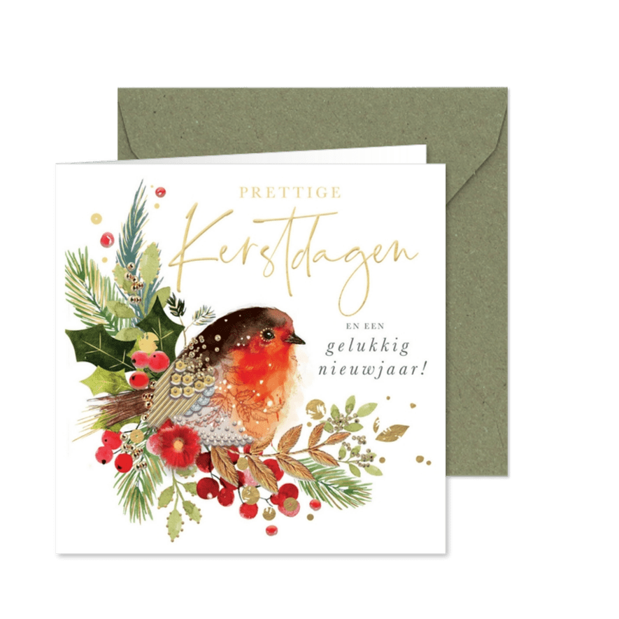 Kerstkaart met roodborstje takjes Robins  - Kaartimpressie