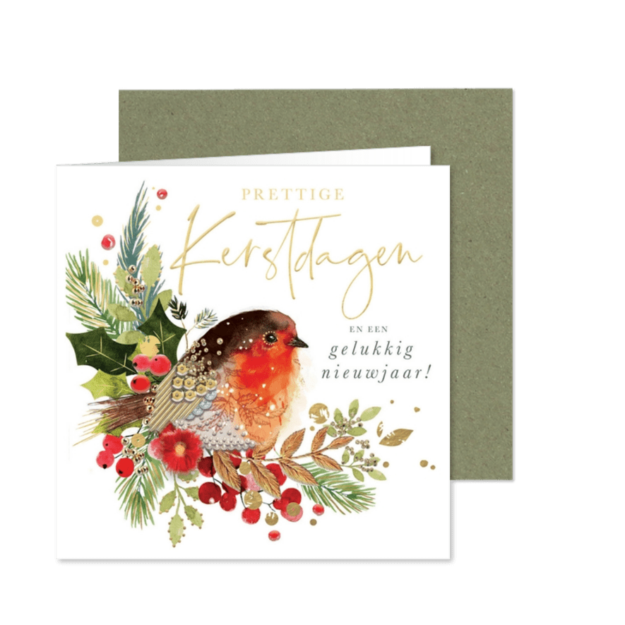 Kerstkaart met roodborstje takjes Robins  - Kaartimpressie