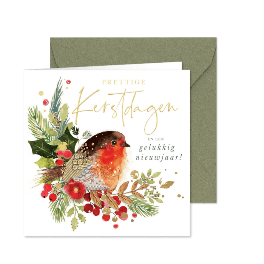 Kerstkaart met roodborstje takjes Robins - Kaartimpressie