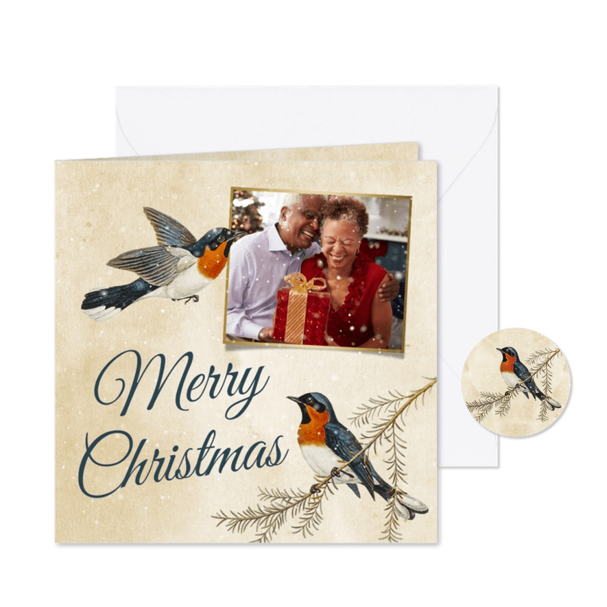 Kerstkaart met roodborstjes Merry Christmas met foto - Kaartimpressie