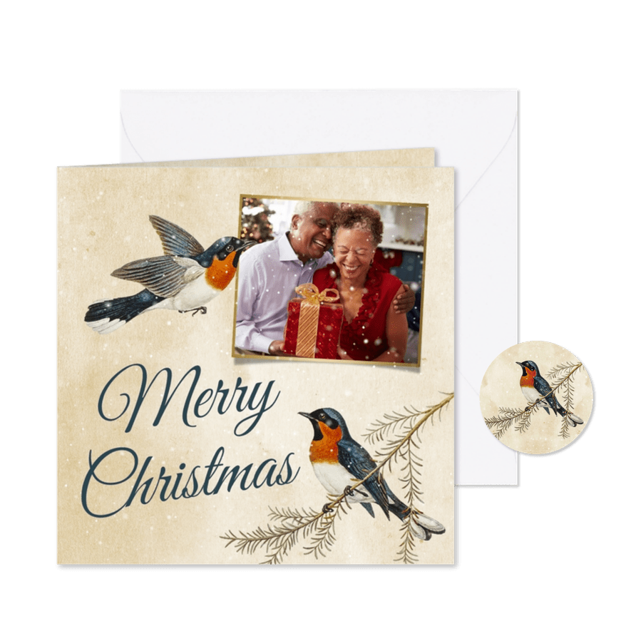 Kerstkaart met roodborstjes Merry Christmas met foto - Kaartimpressie