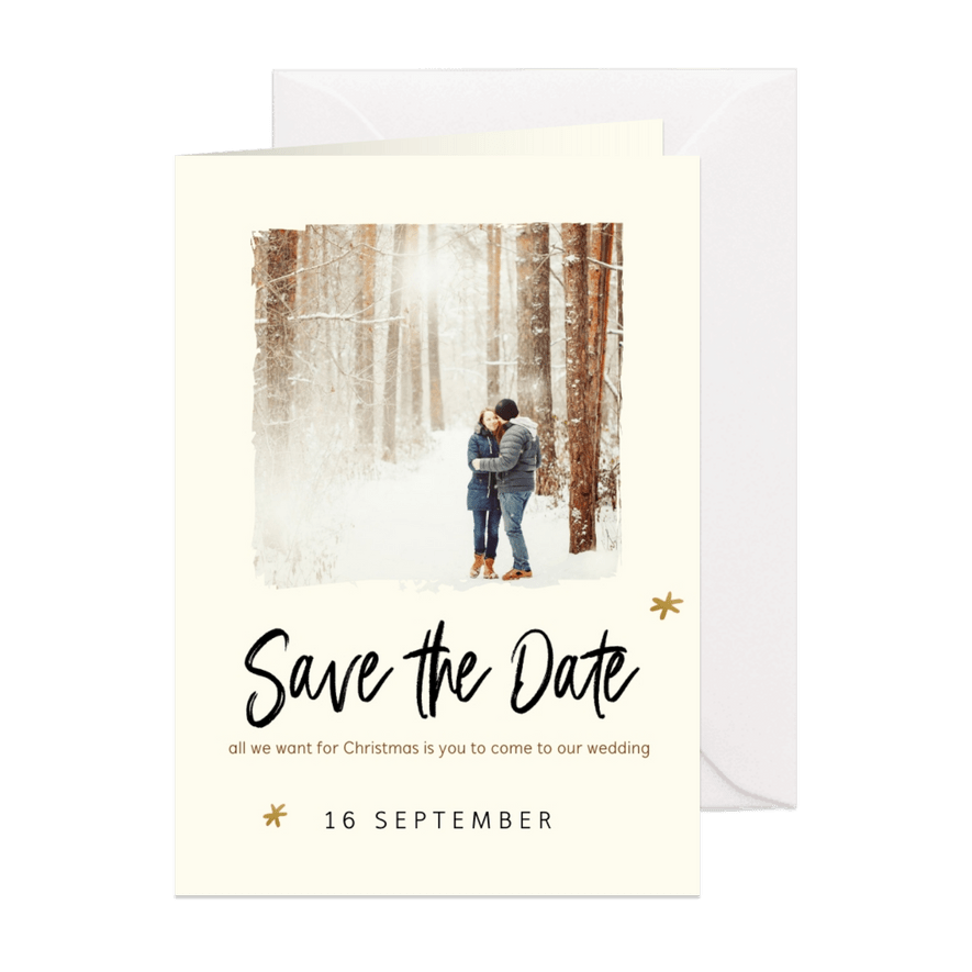 Kerstkaart met save the date uitnodiging en foto - Kaartimpressie