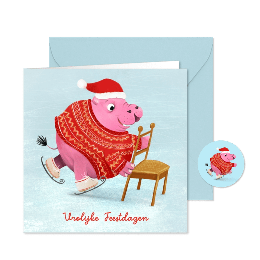 Kerstkaart met schaatsend nijlpaard - Kaartimpressie