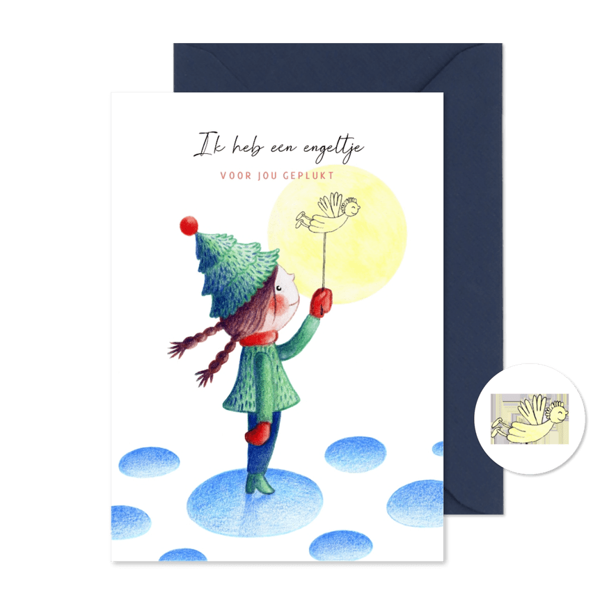 Kerstkaart met schattig kerst meisje en geplukt engeltje - Kaartimpressie
