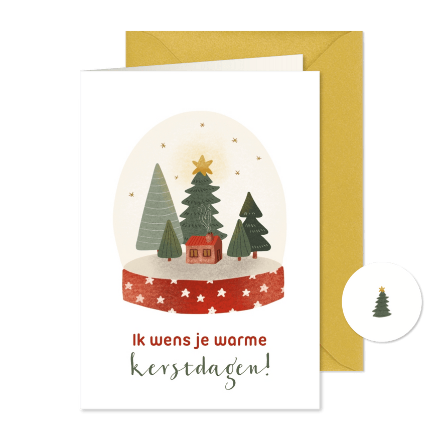 Kerstkaart met schudbol met kerstbomen ster en huisje - Kaartimpressie