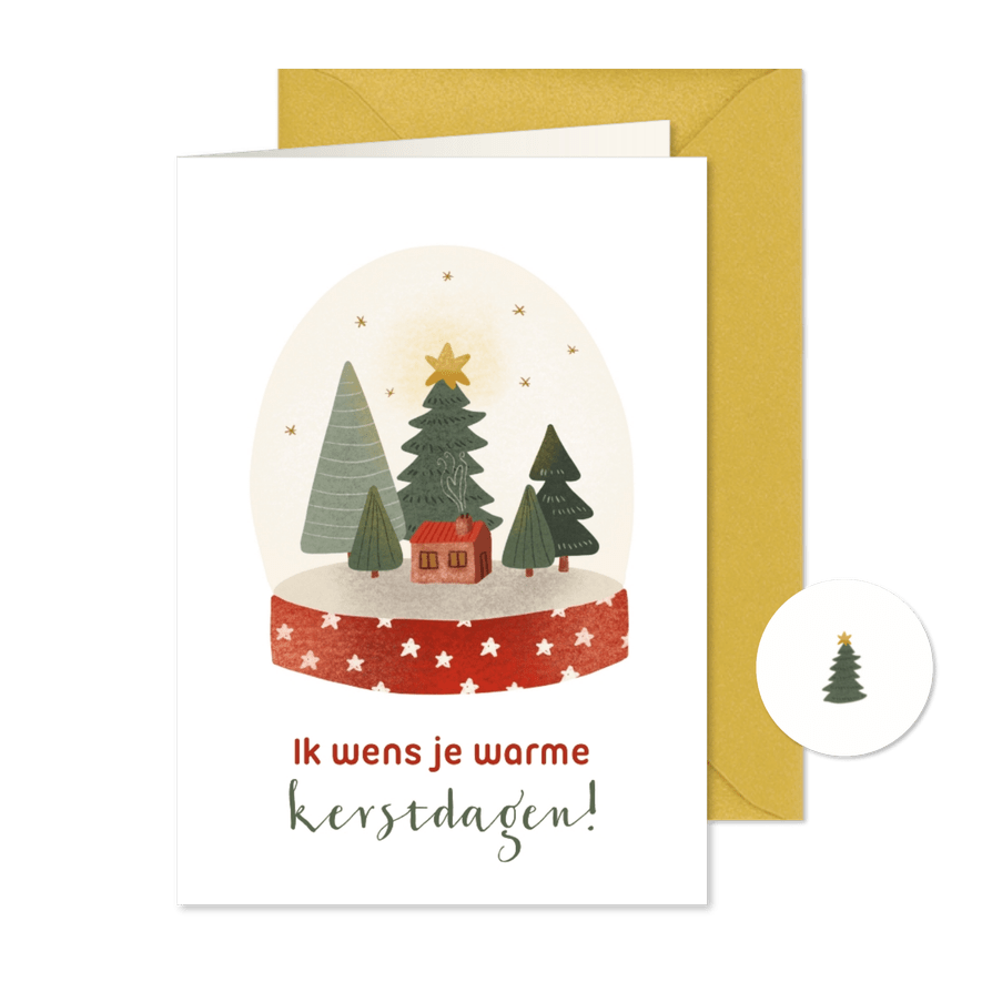 Kerstkaart met schudbol met kerstbomen ster en huisje - Kaartimpressie