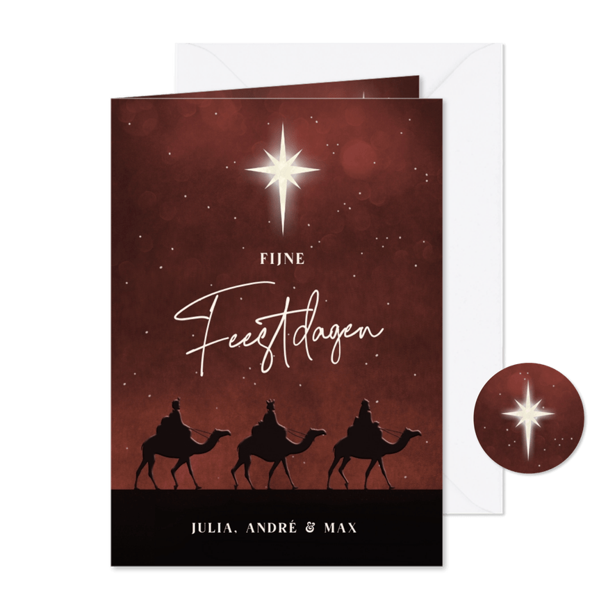 Kerstkaart met silhouet van 3 koningen op kamelen en ster - Kaartimpressie