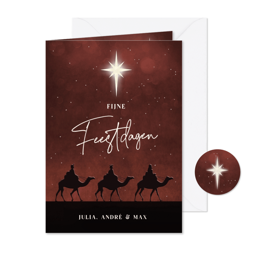 Kerstkaart met silhouet van 3 koningen op kamelen en ster - Kaartimpressie
