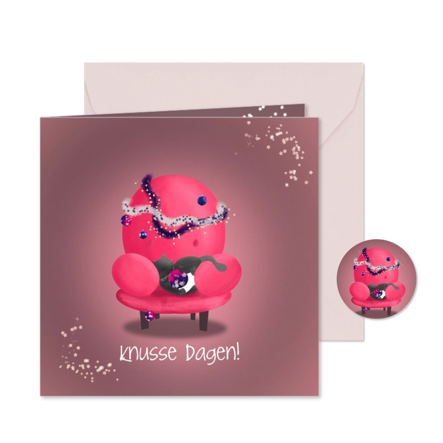 Kerstkaart met slapende kat en kerstversiering - Kaartimpressie