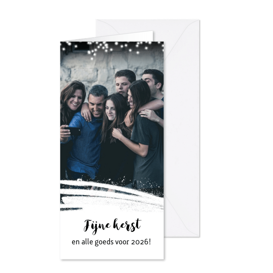 Kerstkaart met sneeuw sterretjes en foto 2025-2026 - Kaartimpressie