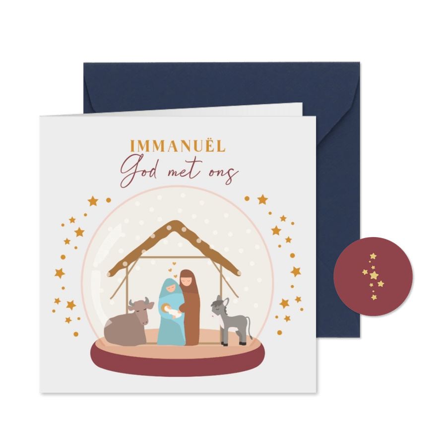 Kerstkaart met sneeuwbol met kerststal - Kaartimpressie