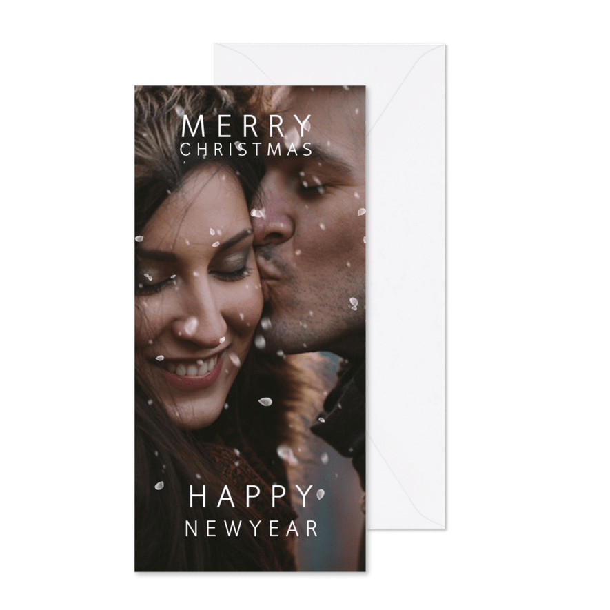 Kerstkaart met sneeuweffect over je foto Merry & Happy - Kaartimpressie