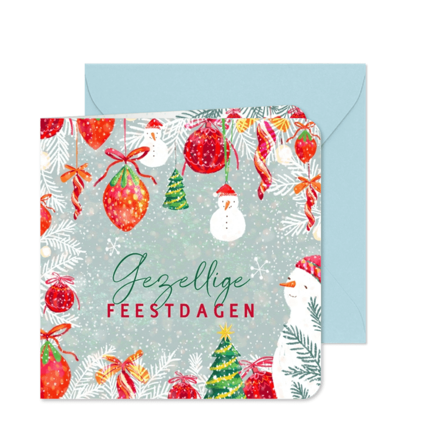 Kerstkaart met sneeuwman en kerstballen - Kaartimpressie