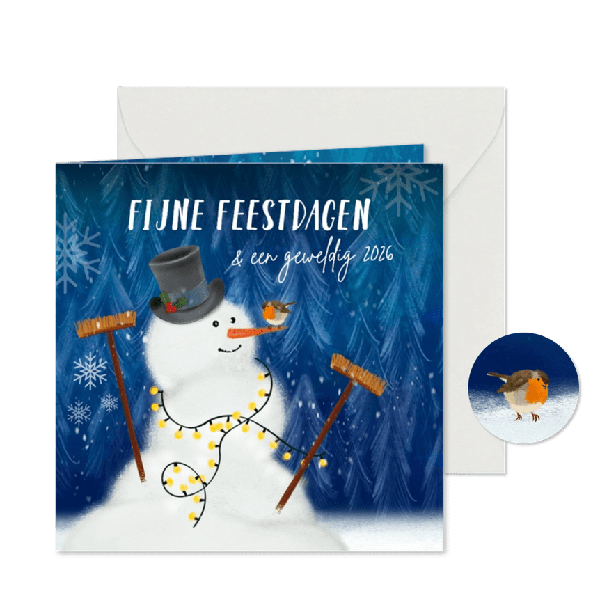 Kerstkaart met sneeuwpop en roodborstje in de sneeuw - Kaartimpressie