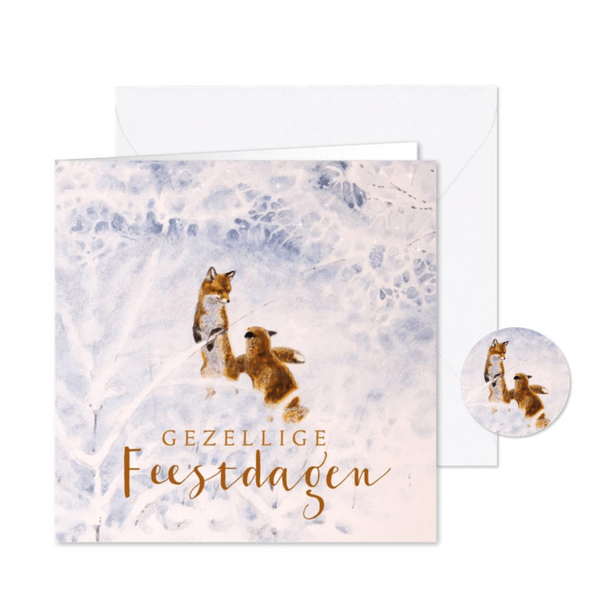 Kerstkaart met spelende vossen in de sneeuw - Kaartimpressie