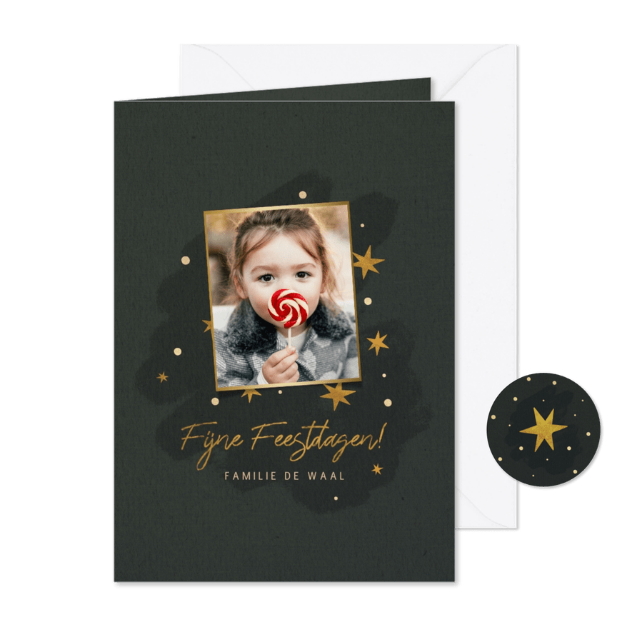 Kerstkaart met sterren, foto en fijne feestdagen - Kaartimpressie