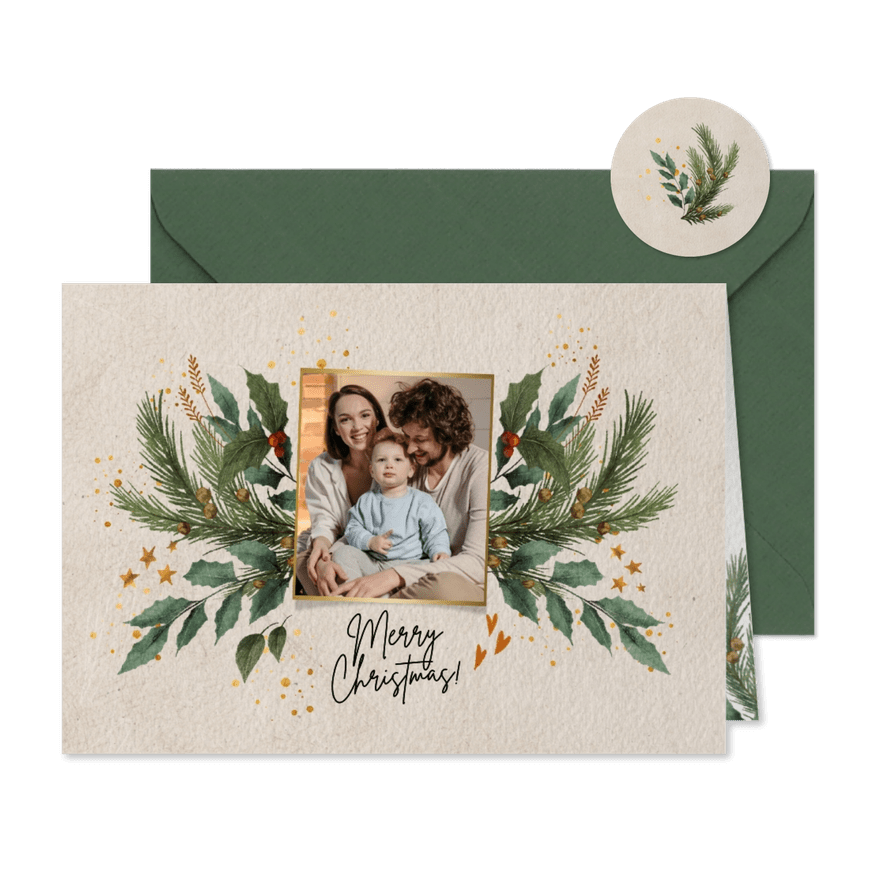 Kerstkaart met sterren hartjes dennengroen en kersttakjes - Kaartimpressie