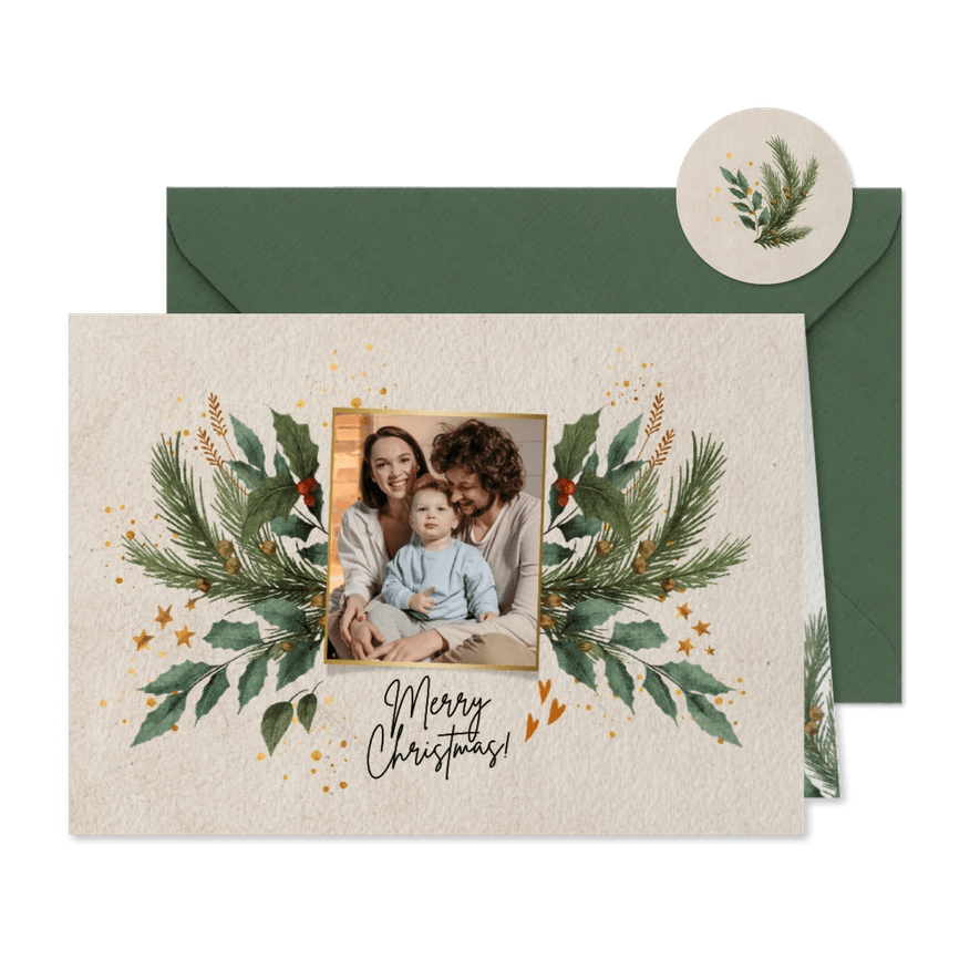 Kerstkaart met sterren hartjes dennengroen en kersttakjes - Kaartimpressie