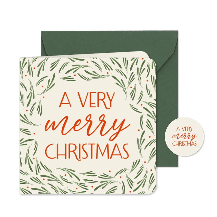 Kerstkaart met takjes very merry christmas groen rood - Kaartimpressie