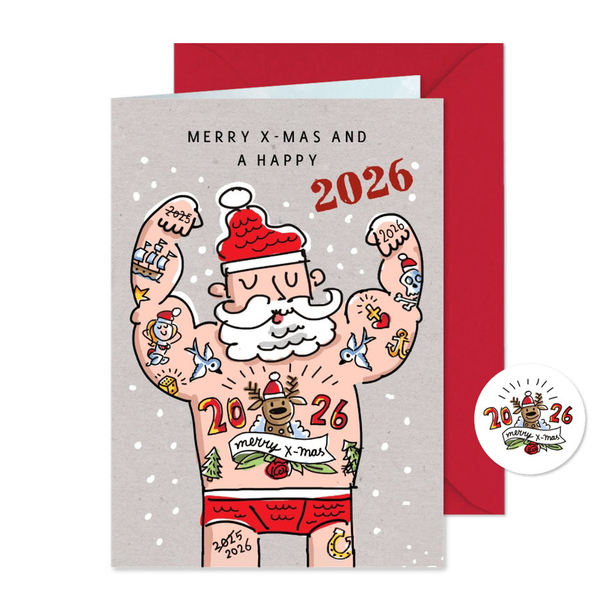 Kerstkaart met tattoo kerstman - Kaartimpressie