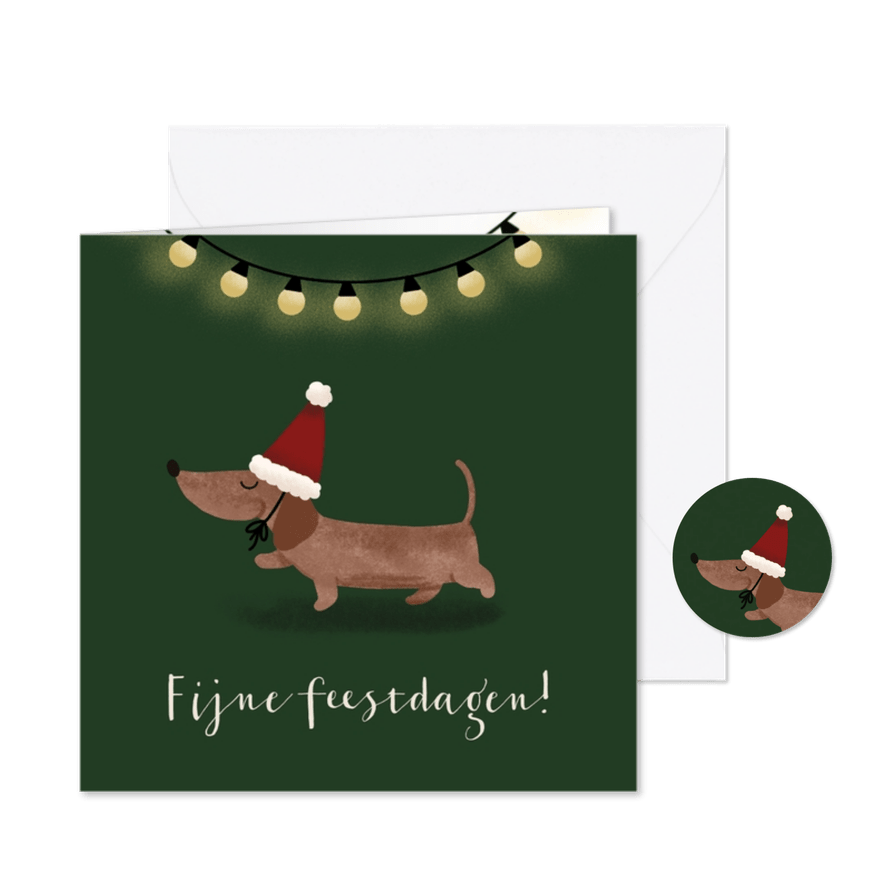 Kerstkaart met teckel en lampjes - Kaartimpressie