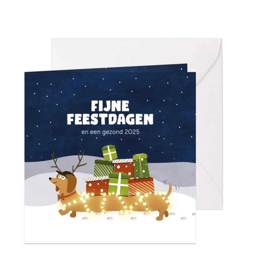 Kerstkaart met teckel hond met kerstcadeaus - Kaartimpressie