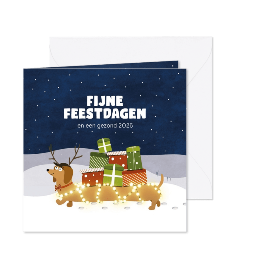 Kerstkaart met teckel hond met kerstcadeaus - Kaartimpressie