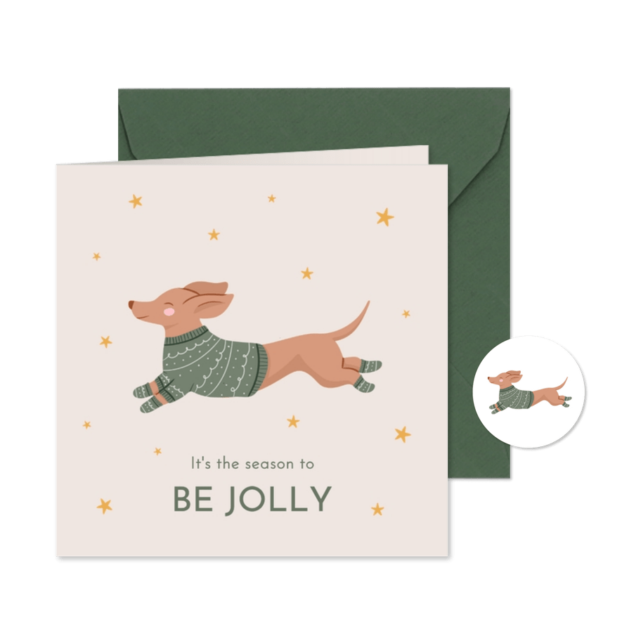 Kerstkaart met teckel illustratie met trui en sterren - Kaartimpressie