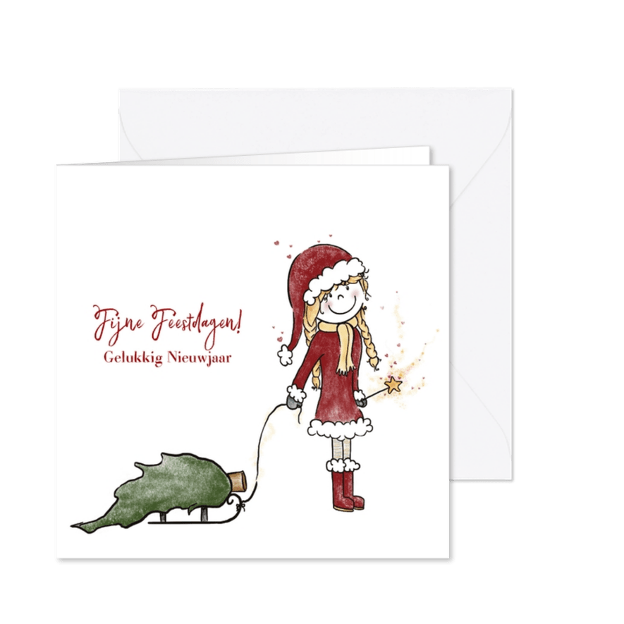 Kerstkaart met tekening van een lief kerstmeisje - Kaartimpressie