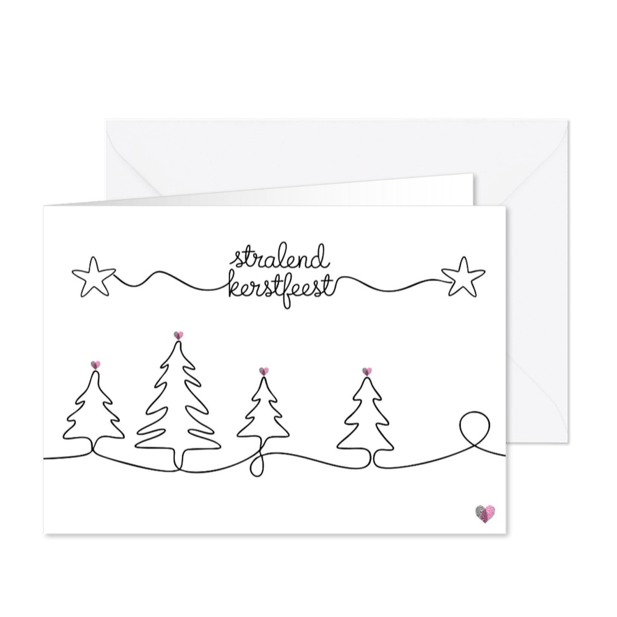 Kerstkaart met tekening van kerstbomen en hartjes Huidfonds - Kaartimpressie