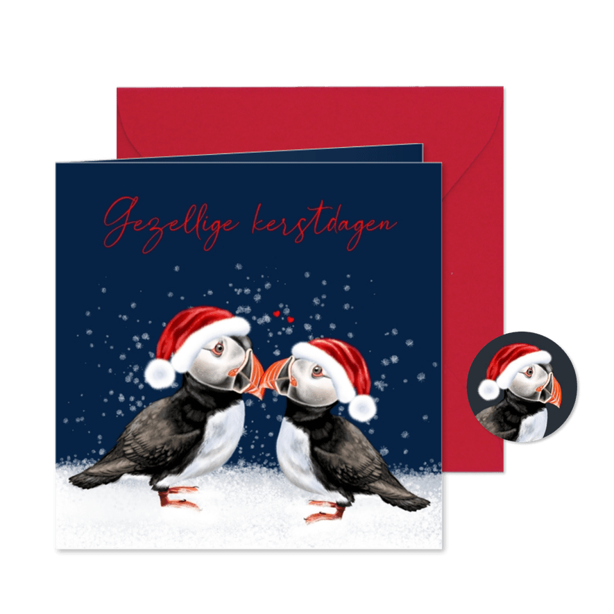 Kerstkaart met twee papegaaiduikers - Kaartimpressie