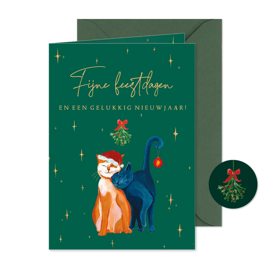 Kerstkaart met twee poezen en sterren  - Kaartimpressie