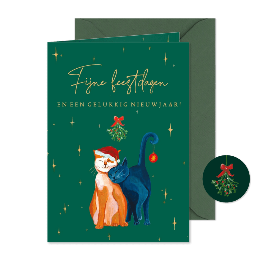 Kerstkaart met twee poezen en sterren  - Kaartimpressie