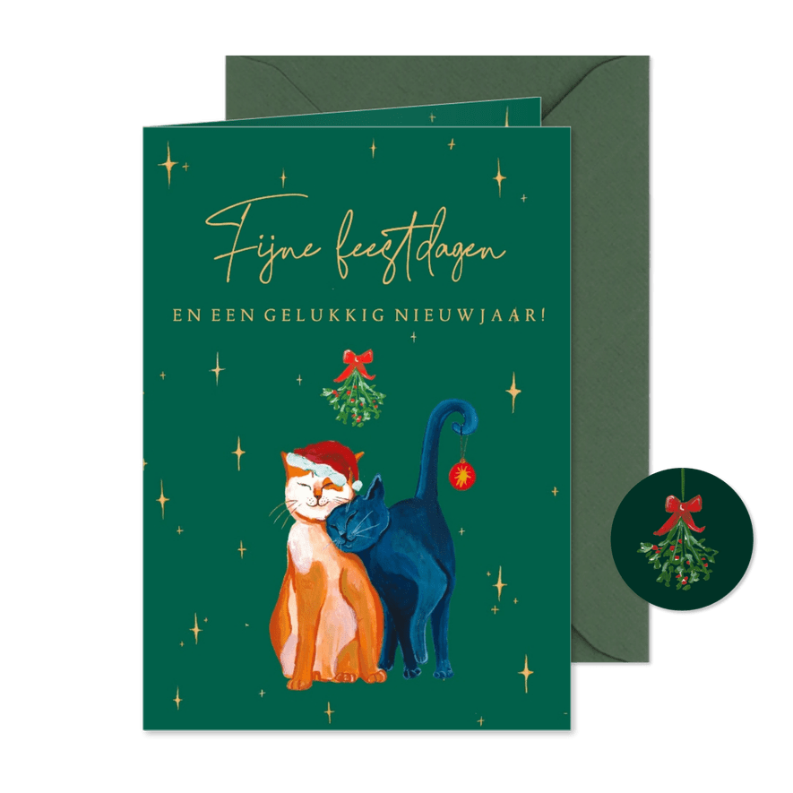Kerstkaart met twee poezen en sterren - Kaartimpressie