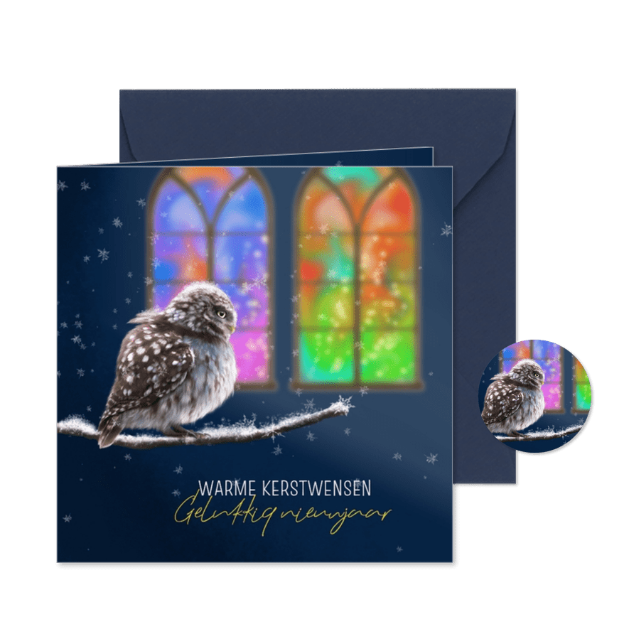 Kerstkaart met uil in de sneeuw - Kaartimpressie