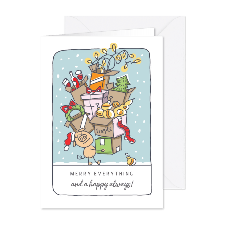 Kerstkaart met varken en dozen met kerstspullen - Kaartimpressie