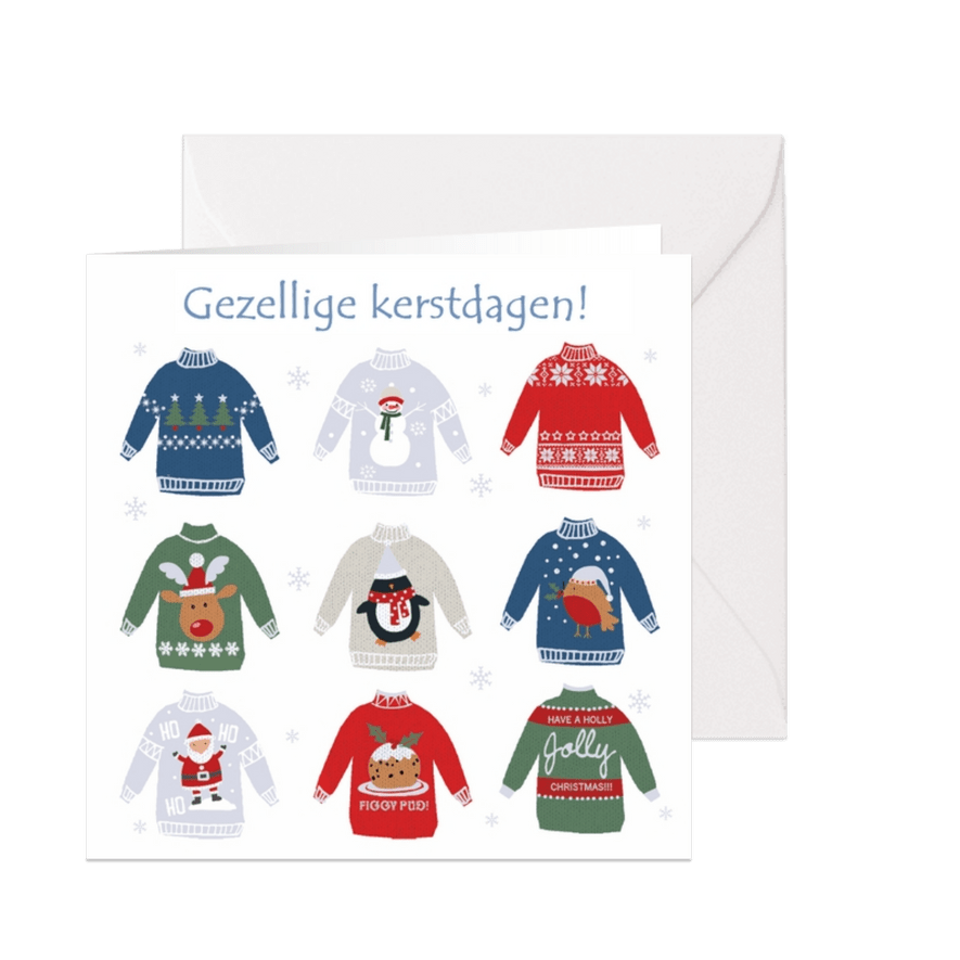 Kerstkaart met verschillende kersttruien - Kaartimpressie