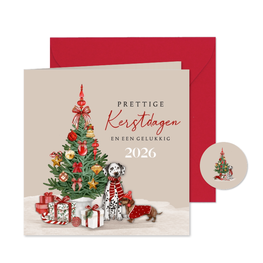 Kerstkaart met versierde kerstboom en hondjes - Kaartimpressie