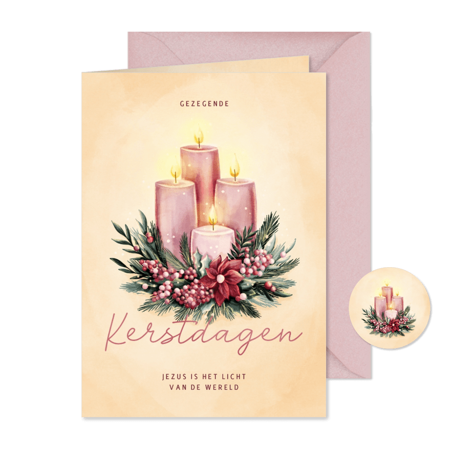 Kerstkaart met vier adventskaarsen en kerstkrans - Kaartimpressie