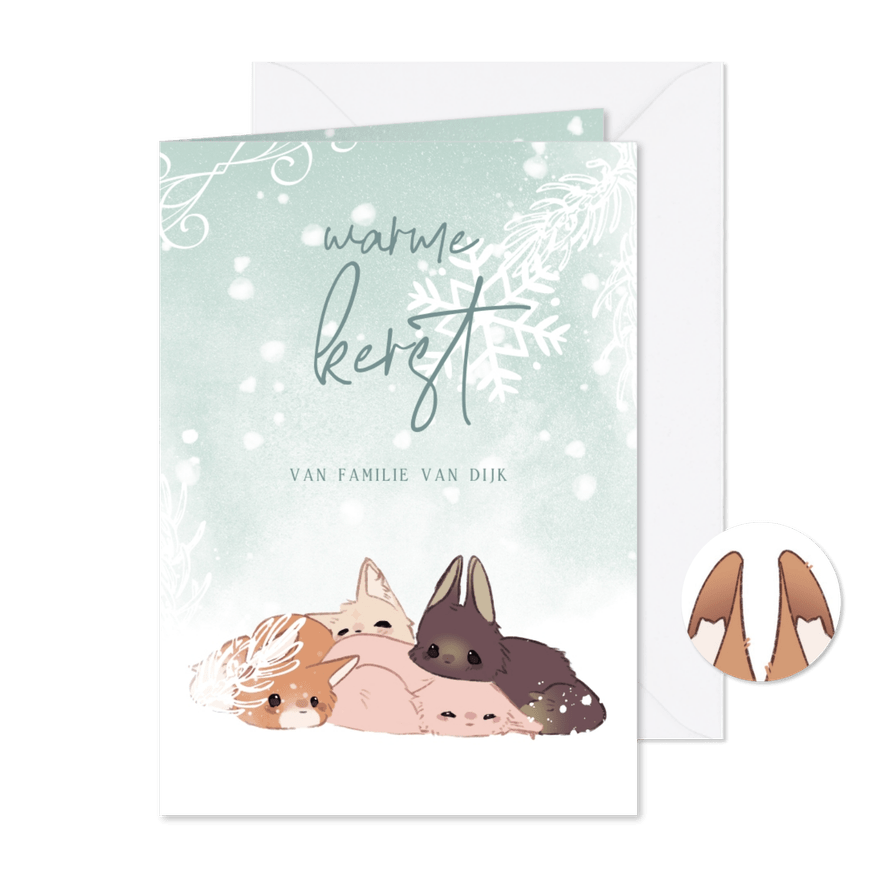 Kerstkaart met vier vosjes in de winter - Kaartimpressie