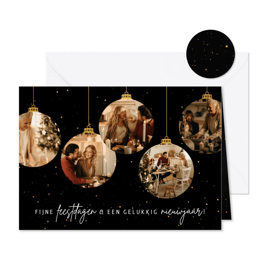 Kerstkaart met vijf gouden kerstballen met foto's - Kaartimpressie