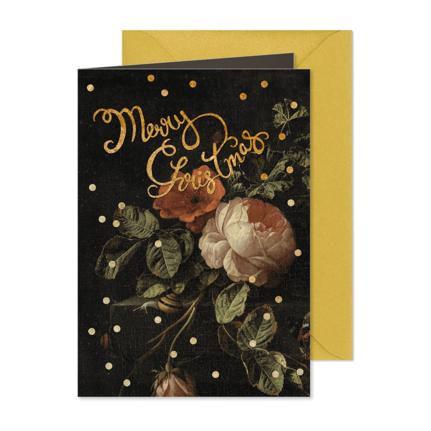 Kerstkaart met vintage bloemen en gouden stippen. - Kaartimpressie