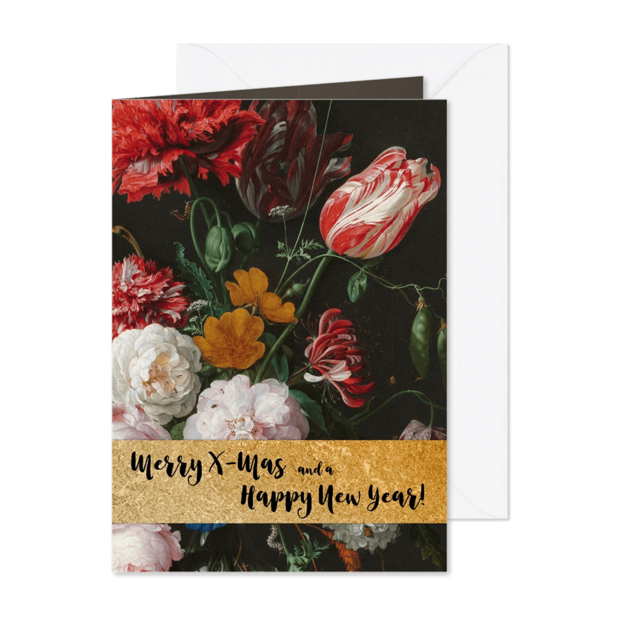 Kerstkaart met vintage bloemenbos en gouden band - Kaartimpressie
