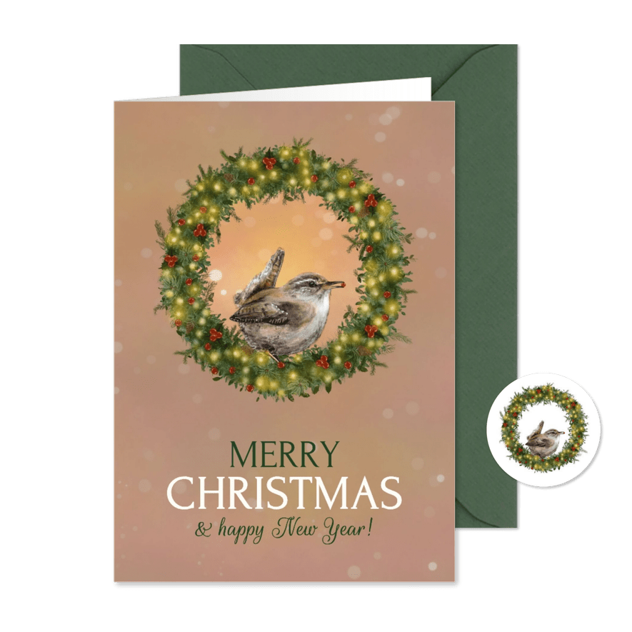 Kerstkaart met vogel en kerstkrans Merry Christmas - Kaartimpressie