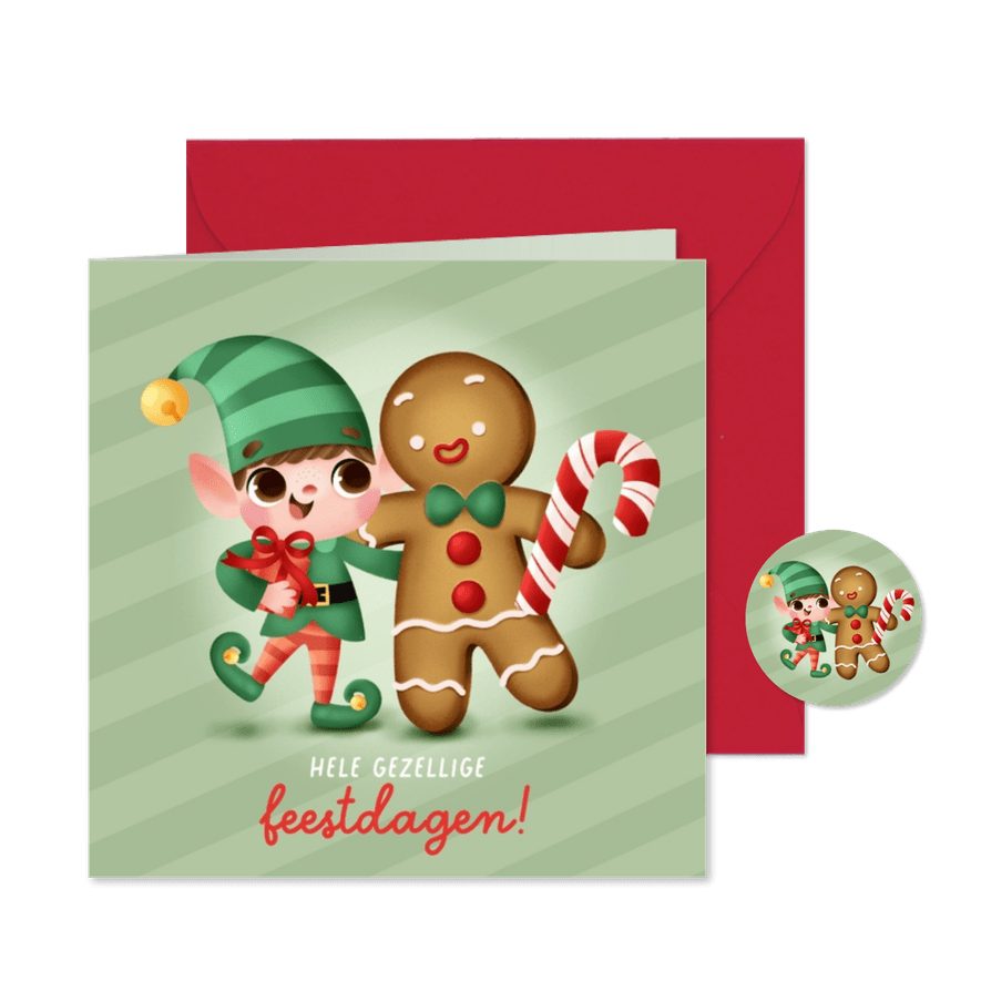 Kerstkaart met vrolijk kerstelfje en gemberkoek mannetje - Kaartimpressie