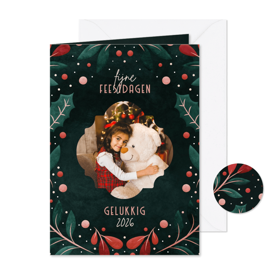 Kerstkaart met vrolijke blaadjes en foto - Kaartimpressie