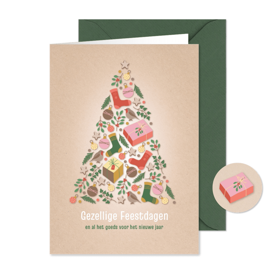 Kerstkaart met vrolijke collage van kerstboom - Kaartimpressie
