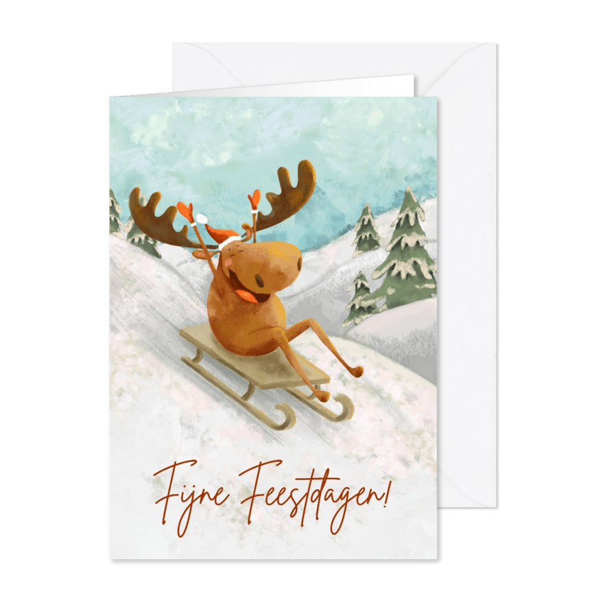 Kerstkaart met vrolijke eland op slee - Kaartimpressie