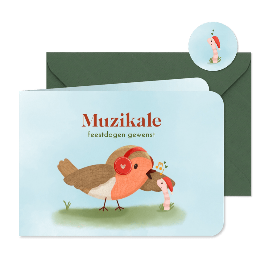 Kerstkaart met vrolijke illustratie van zingend roodborstje - Kaartimpressie